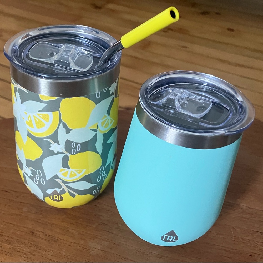 Tal Stainless Steel Wine Glass PAIR Lemons & Mint Green with lids